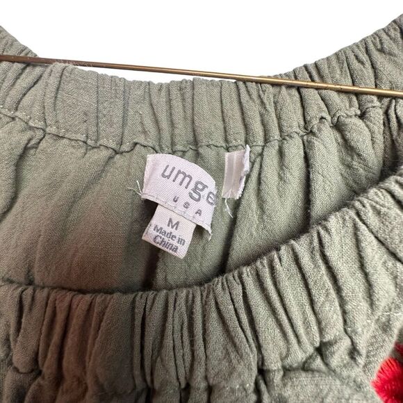 Umgee USA Medium Mini Dress Olive Green Floral Embroidery Off‎ Shoulder Boho - Picture 6 of 7